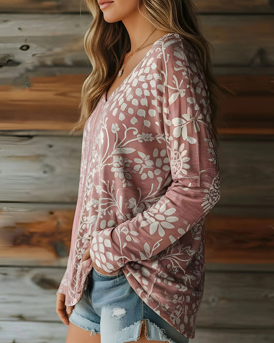 Topp Etniskt Print V-Ringning Långärmad