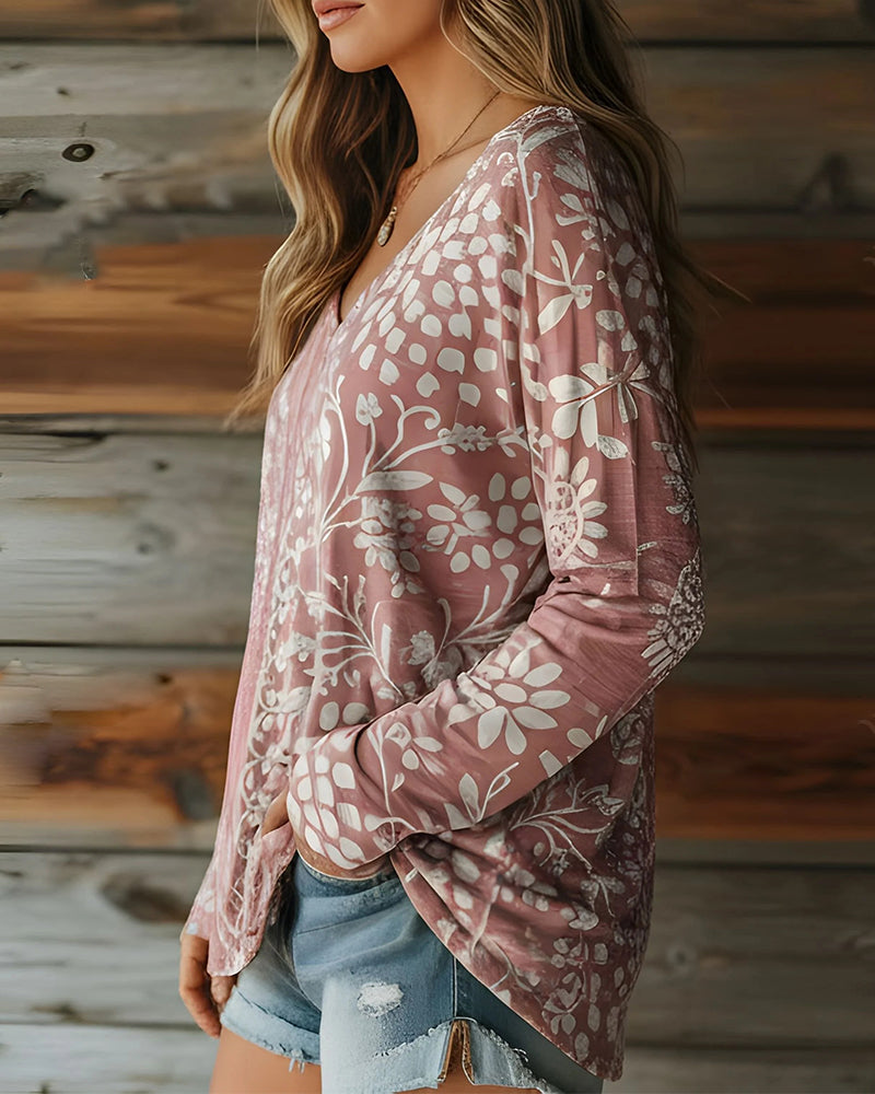 Topp Etniskt Print V-Ringning Långärmad