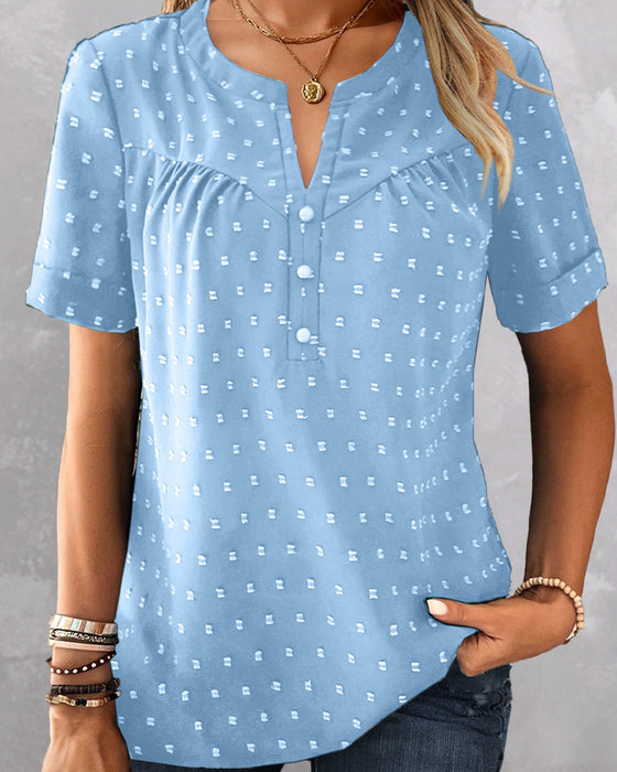 Blus Jacquard V-Hals Halvknäppning Kort Ärm