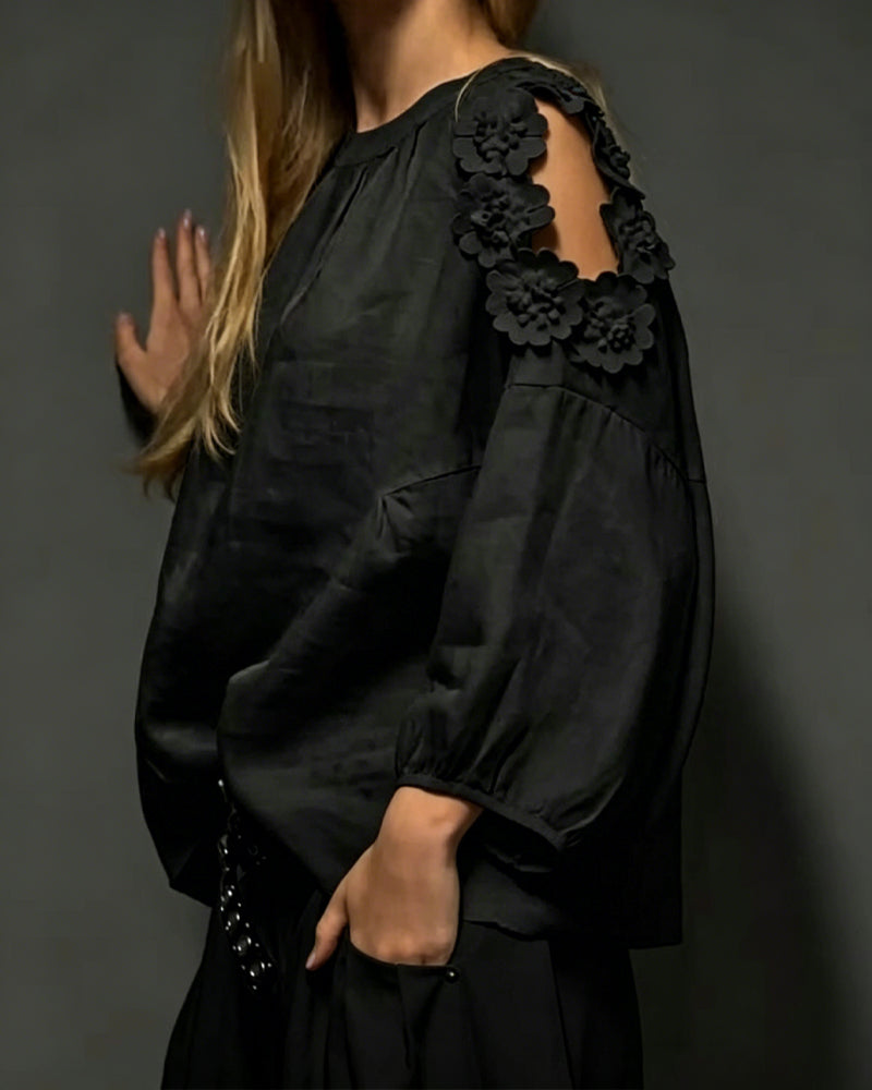 Blusar Rundhals Utskärning Off-Shoulder 3D Blommig
