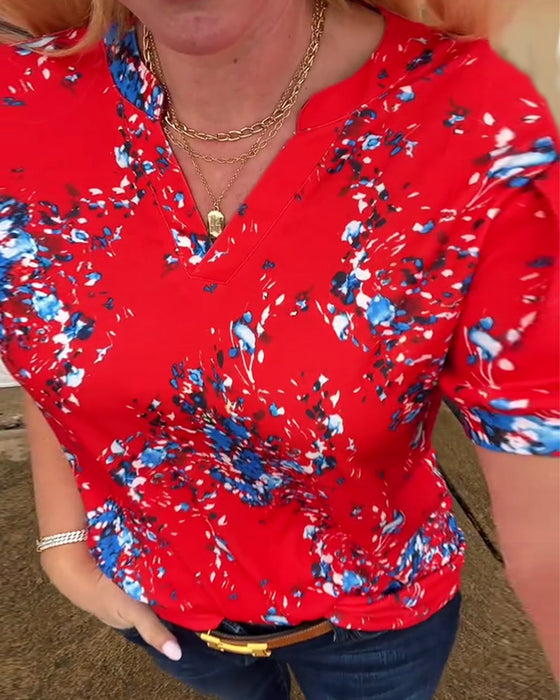 T-Shirt V-ringning Blommönster Kortärmad
