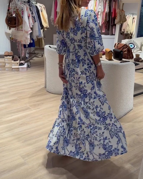 Klänning Djup V-Hals Elegant Blommig Lång