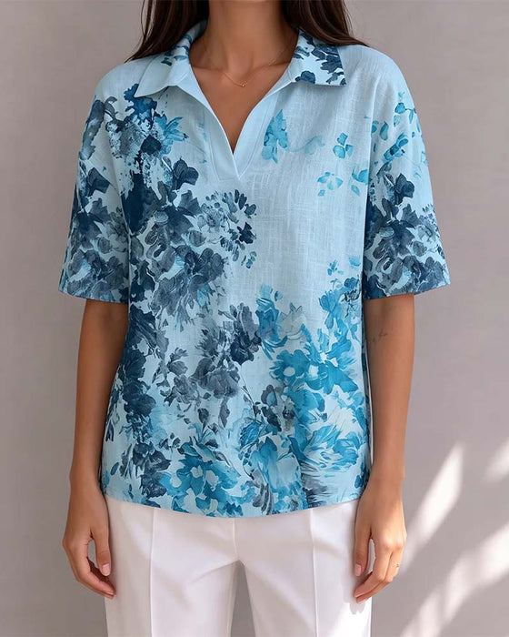 Blus Bläck Tvätt Blommig Slag Halvknäppning