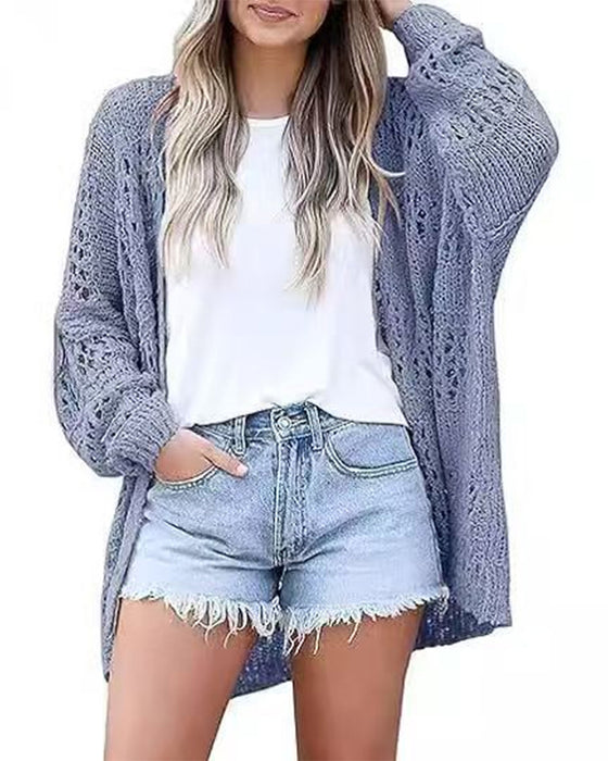 Cardigan Casual Långärmad Utskuren Tröja