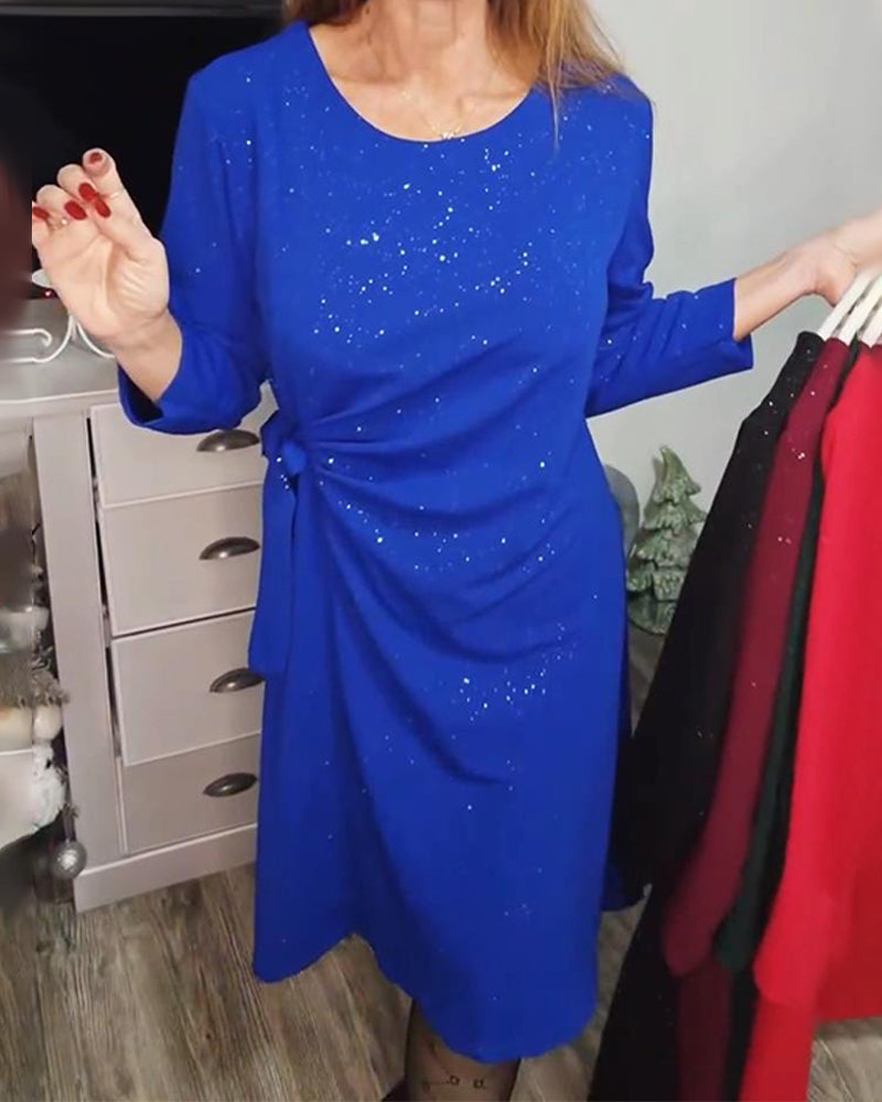 Klänning Rund Halsringning Långa Ärmar Knuten Midja