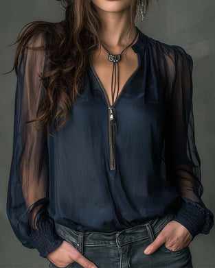 Blus Halv-blixtlås Nätlångärmad