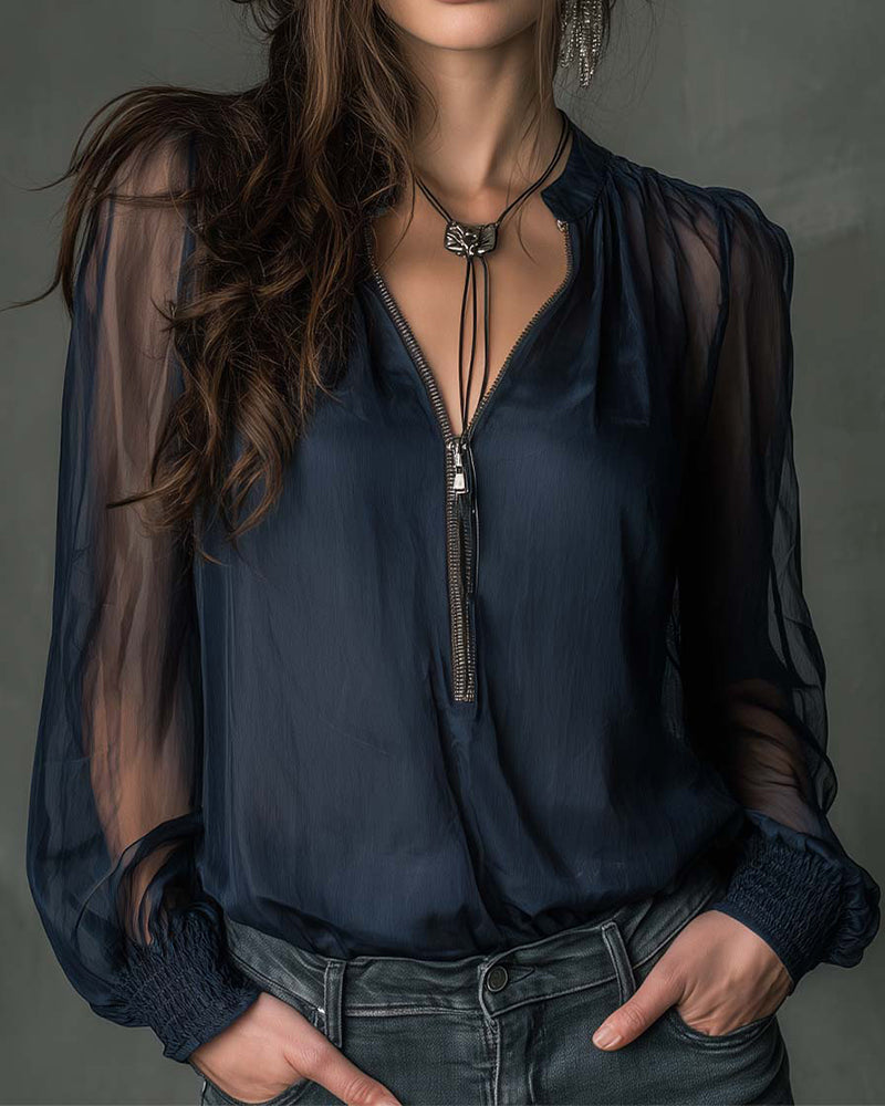 Blus Halv-blixtlås Nätlångärmad