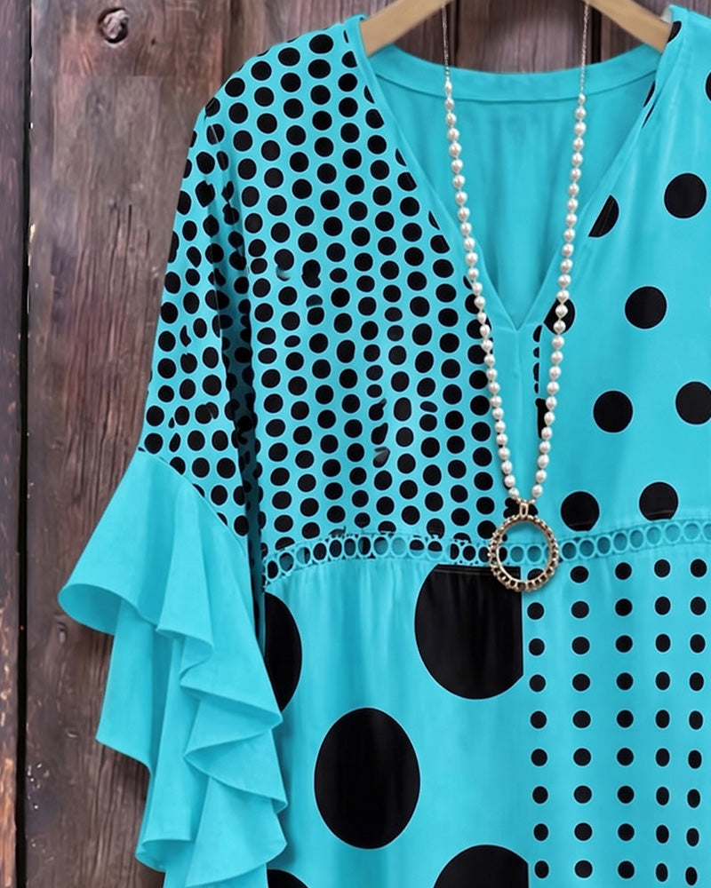 Blus Blandad Prickig Patchwork Ruffle