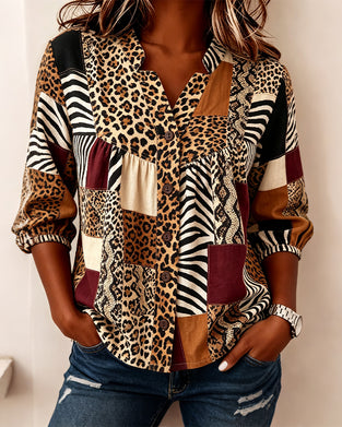 Blus Leopard Färgblock V-Hals