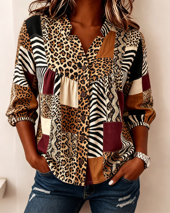 Blus Leopard Färgblock V-Hals