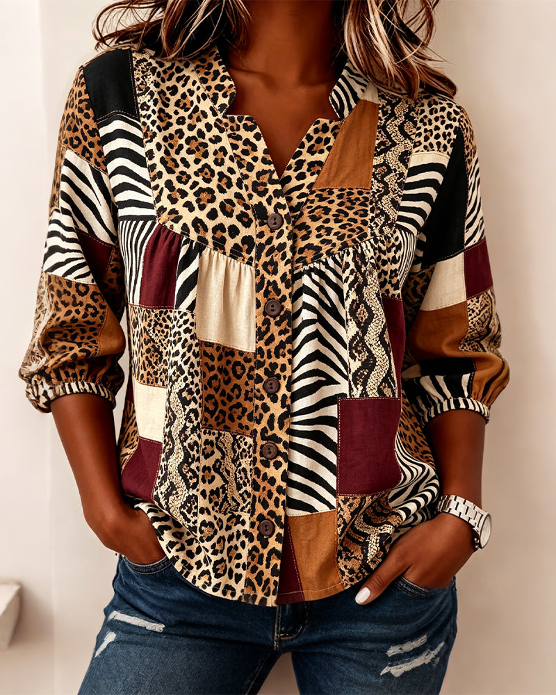 Blus Leopard Färgblock V-Hals