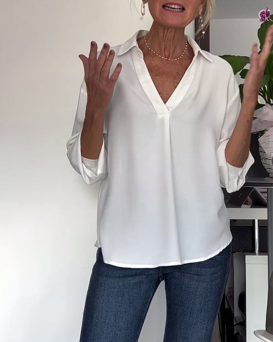 Enkel enfärgad topp med lapel och lång ärm