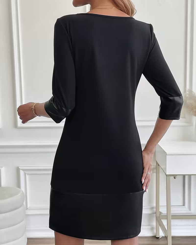 Klänning Pu Läder Patchwork Rund Hals