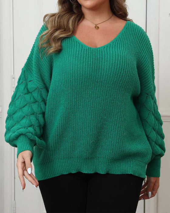 Pullover Puffärm V-Hals Stickad