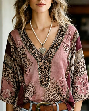 Blus V-Hals Lykta Ärm Leopard
