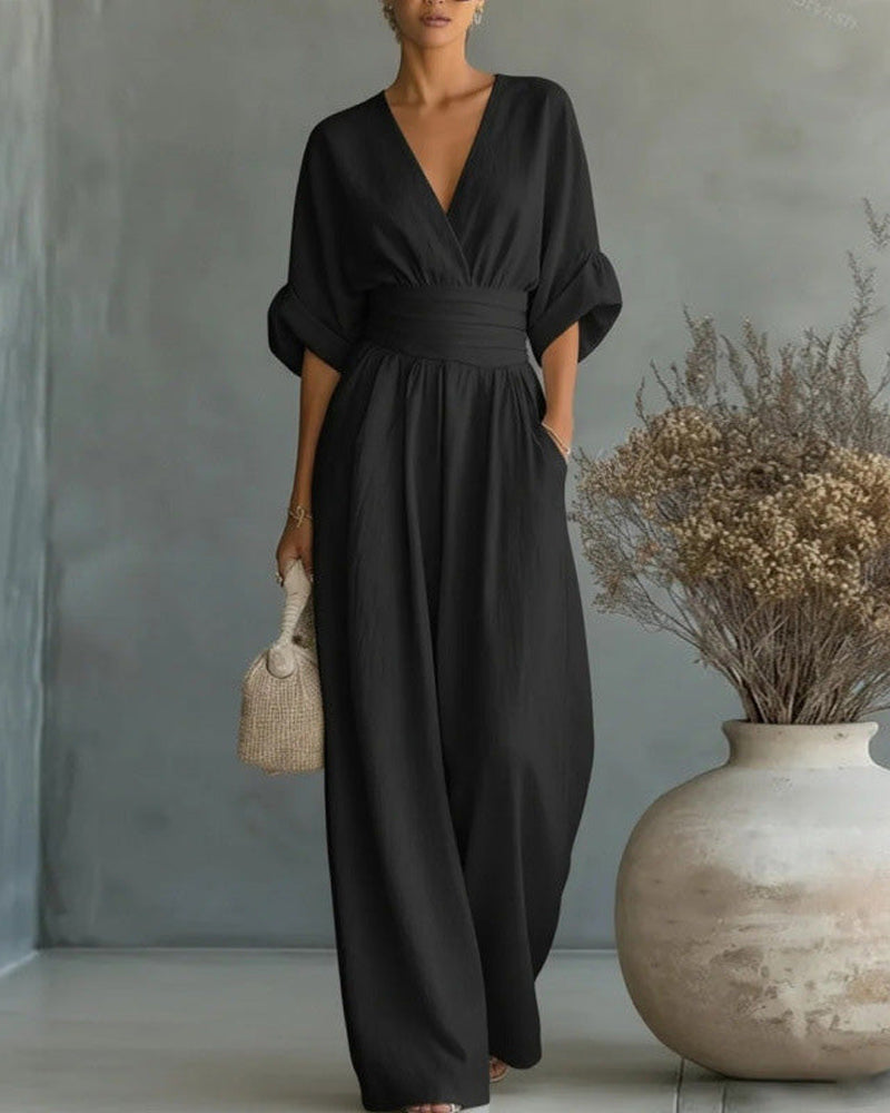 Jumpsuit V-Hals Kors Midjeknyt Bred Ben