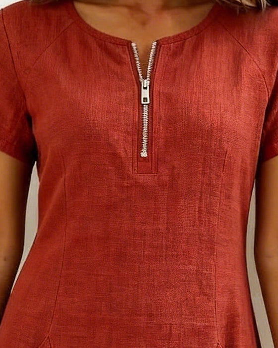 Klänning Dragkedja Ficka Bomull Linne