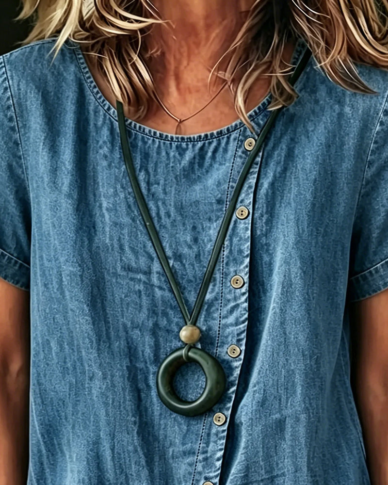 Blus Asymmetrisk Rund Halsning Denim