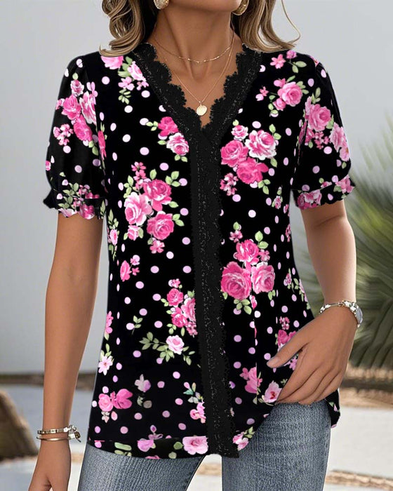 Blus V-Hals Spets Lanternärm Tryckt