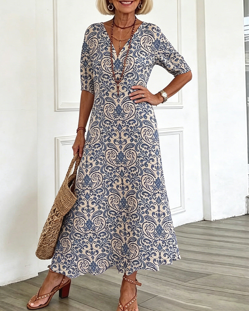 Klänning Vintage Blommönster V-Hals Maxi