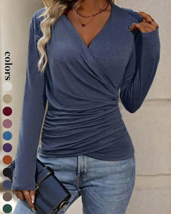 Blus V-Hals Kors Rynkad