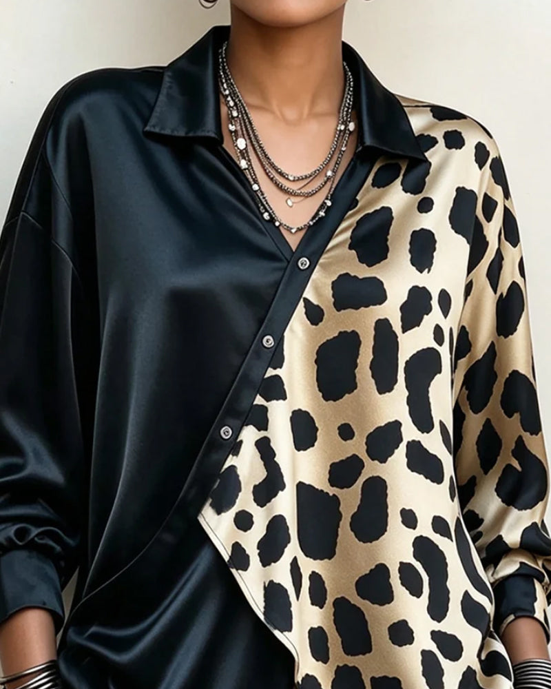 Blus Oregelbundet Leopardmönster Knappad
