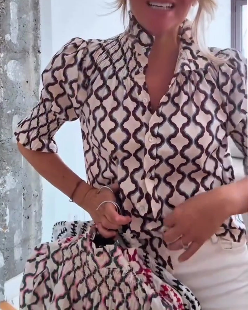 Skjorta Vågprint Ståkrage Puffärm