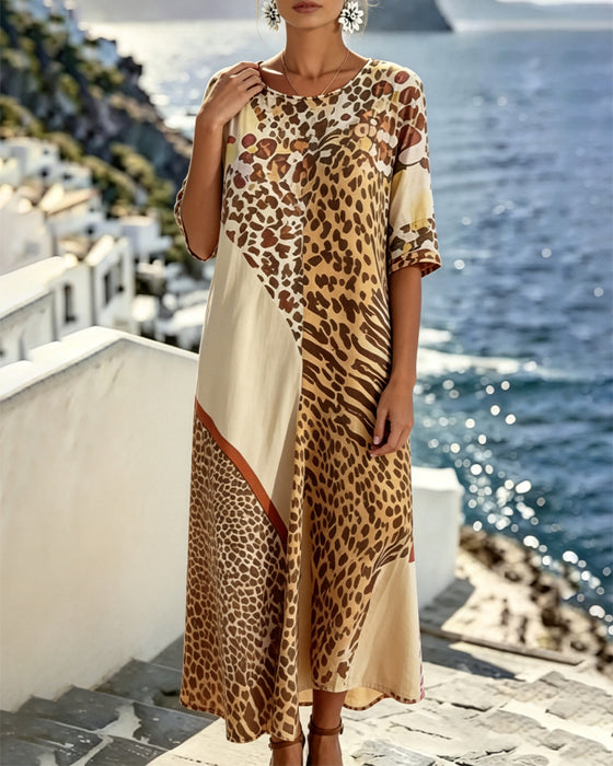 Klädning Leopard Tryck Rundhalsad Patchwork
