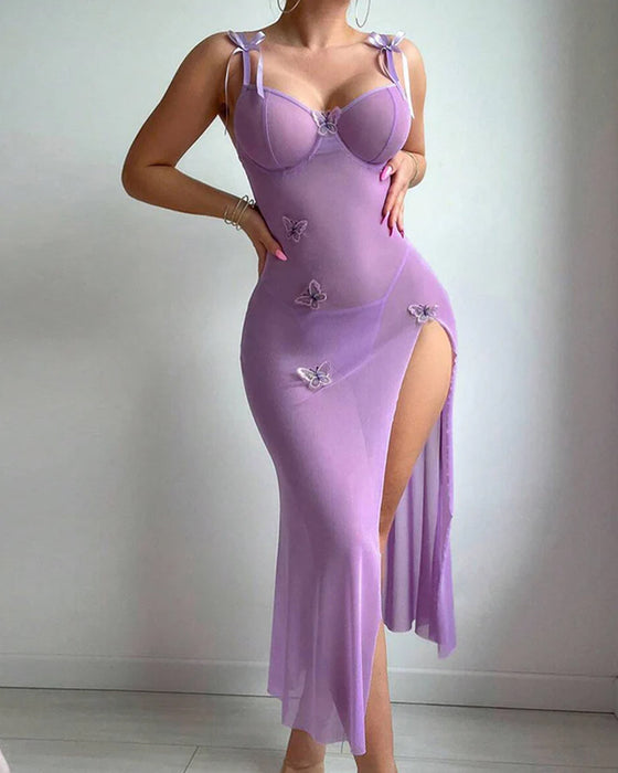 Mesh-Fjäril Högt Slit Suspender Klänning