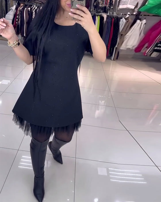 Klänning Kortärmad Mesh Kjol Pärlsömmar