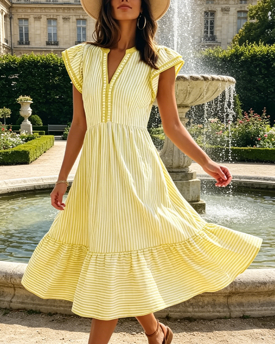 Klänning Randig Dubbel Rynkad Kortärmad