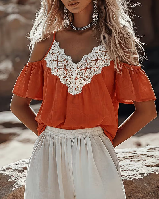 Blus Spets Patchwork Off-Shoulder