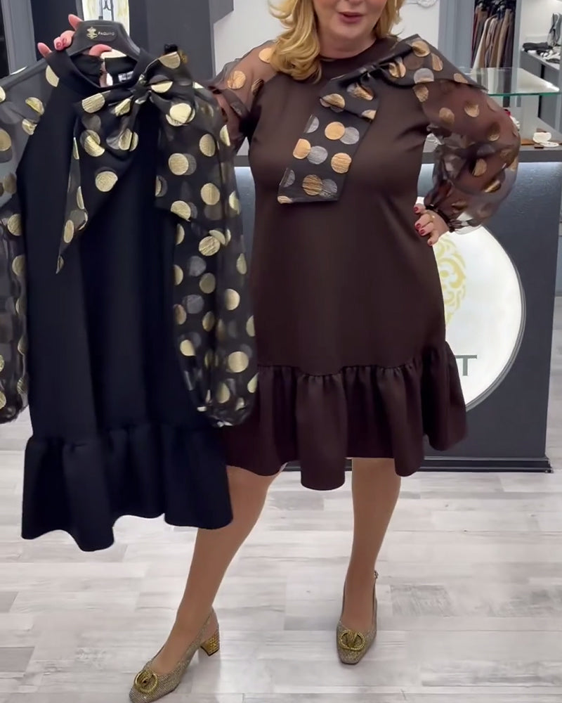 Klänning avslappnad prickig långärmad knälång