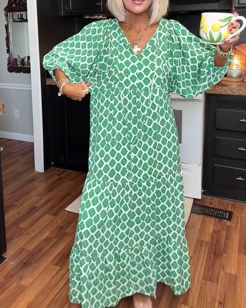 Klänning Diamant Tryck V-Hals Maxi Skiktad