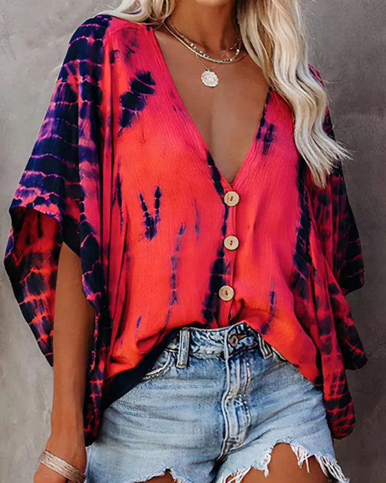Blus V-Hals Tie-Dye Casual