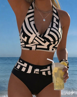 Bikini Geometrisk Tryck Hög Midja