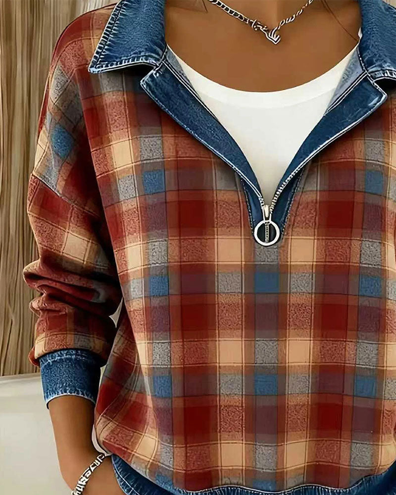 Topp Denim Krage Rutig Halv-Dragkedja