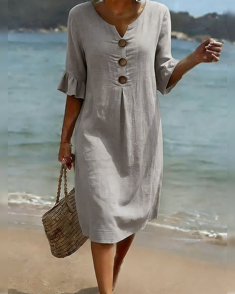 Klänning Knapp Rynkad Ärm 100% Bomull