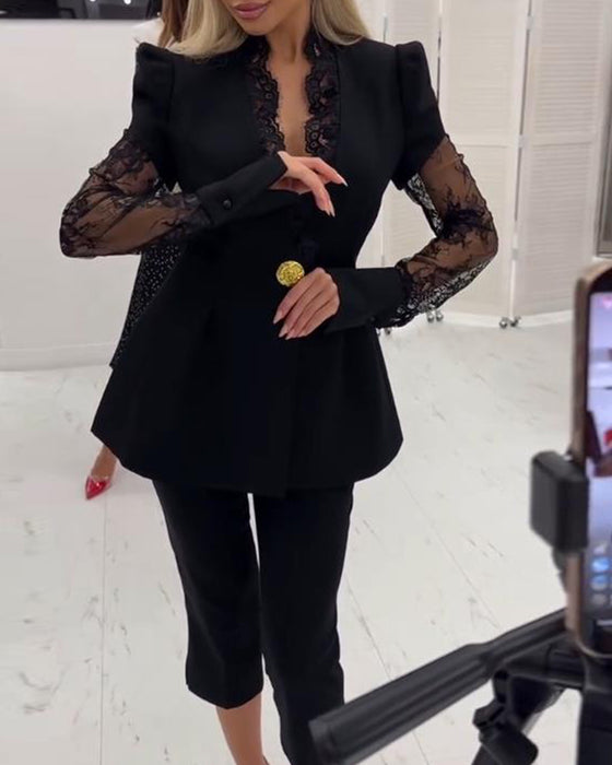 Blazer Med Spets Panel Detalj, Strukturerad Passform Och Elegant Stämning