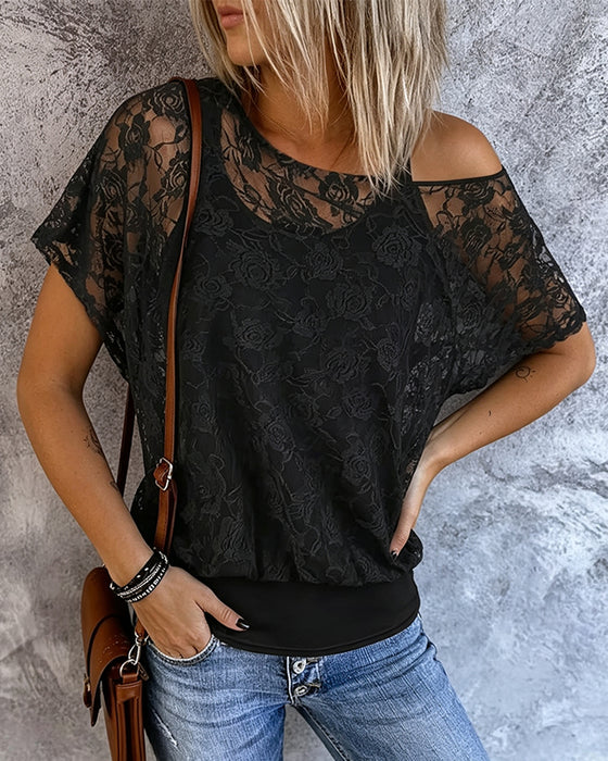 T-Shirt Off-Shoulder Spetslapparbete Hängslen
