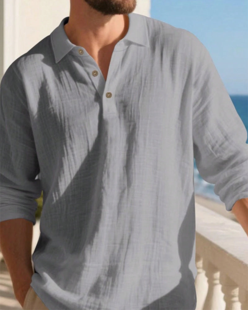 Skjorta Herr Lättvikt Lös Linne Långärmad Polo