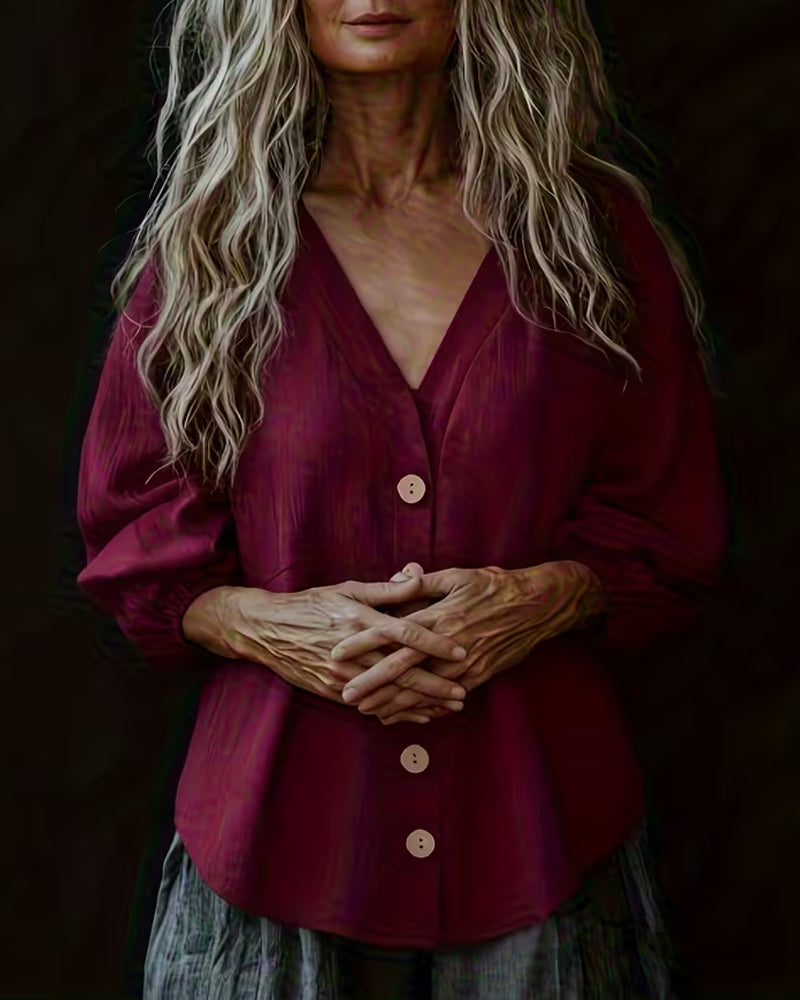 Blus V-Ringning Casual Knappning Ner