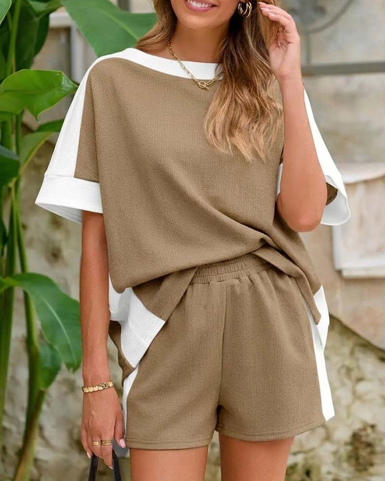 Set Färgblock Kort Ärm Shorts Avslappnad