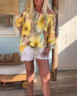 Blus Off-Shoulder Resorttryck