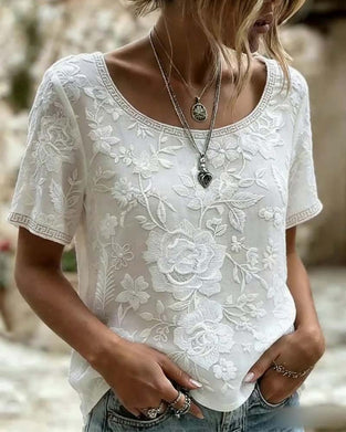 Blus Rundhalsad Broderad Spets Patchwork