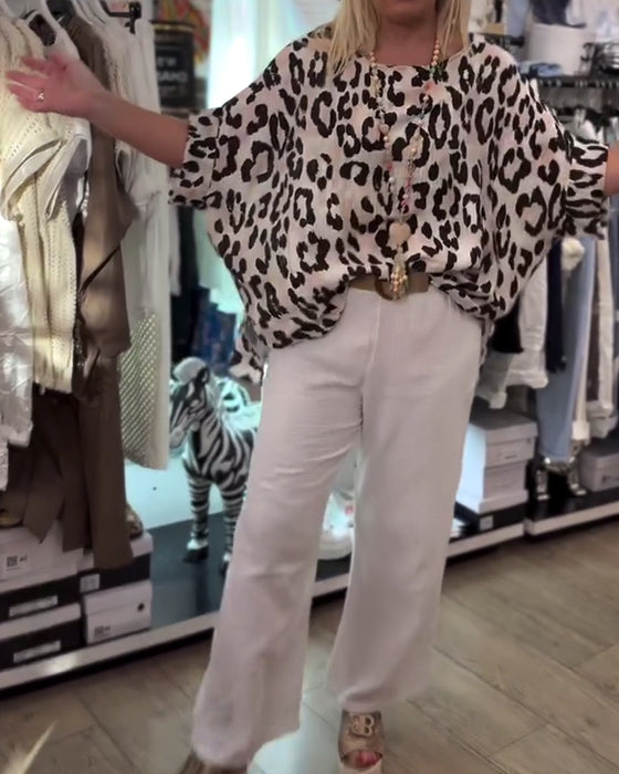 Blus Med Rund Hals Leopardtryck Lös