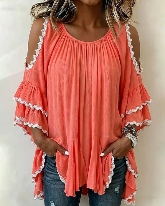 Blus Off-Shoulder Rynkad Fladdermusärm Loose Fit