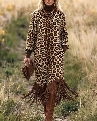 Klänning Leopard Tryck Finskörtad Lykta Ärm