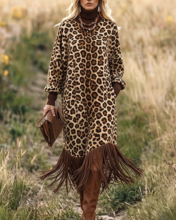 Klänning Leopard Tryck Finskörtad Lykta Ärm