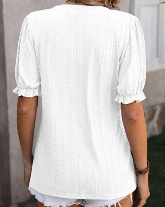 T-Shirts V-Hals Mini Mandarin Krage Puff Ärm